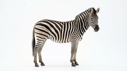 A striped zebra standing sideways isolated on a white background