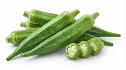 Fresh green okra pods isolated on a white background