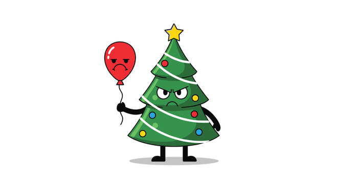 Grumpy green Christmas tree character holds a matching angry red balloon in this funny and unique holiday cartoon illustration.