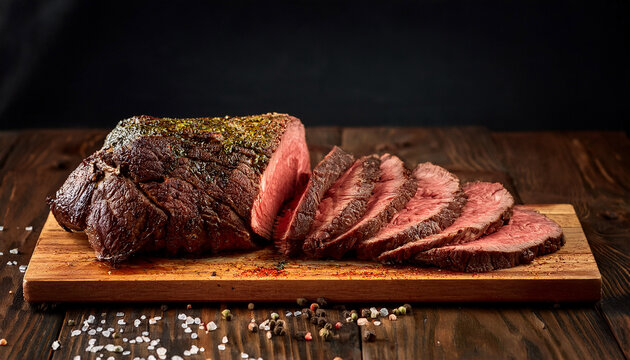 Tri Tip Beef Roast Sliced And Fanned Out On Wooden Board With Seasoning