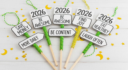 Several signs with black text on white, year 2026, and positive affirmations on wooden sticks, symbolizing new year's resolutions and positivity