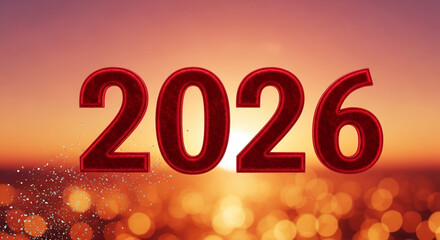 Red numeric characters "2026" against a blurred orange sky background, symbolizing the upcoming year, transition, and future anticipation