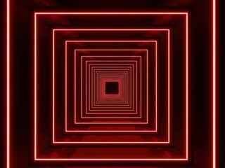 Glowing red neon square tunnel with concentric layers