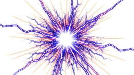 A magnificent, multi-colored energy burst featuring purple, blue, and orange lightning bolts and rays radiating from a bright white glowing center on a pristine white background.