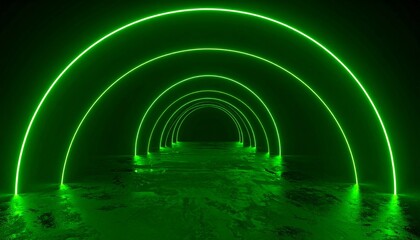 Futuristic interior with curved architecture, glowing green LED outlines, and reflective surfaces creating a sleek, immersive high-tech ambiance.