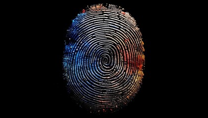 Grayscale close-up of fingerprint with high contrast, showcasing intricate ridges and circular biometric patterns on a dark background.