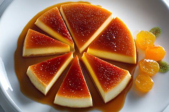 Close-up of Pudim Natal, sliced into eight pieces, topped with caramel sauce, surrounded by candied apricots. Concept of elegant Christmas pudding flan Portuguese dessert display.