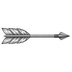 Hand-drawn ink arrow with feather fletching and detailed shaft isolated on a transparent background