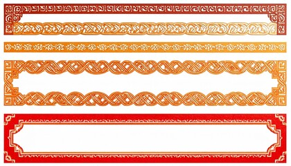 Ornate golden frames and borders with geometric and knot patterns arranged in a grid layout.