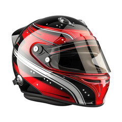 A red, black, and silver motorcycle helmet with a clear visor on a black background