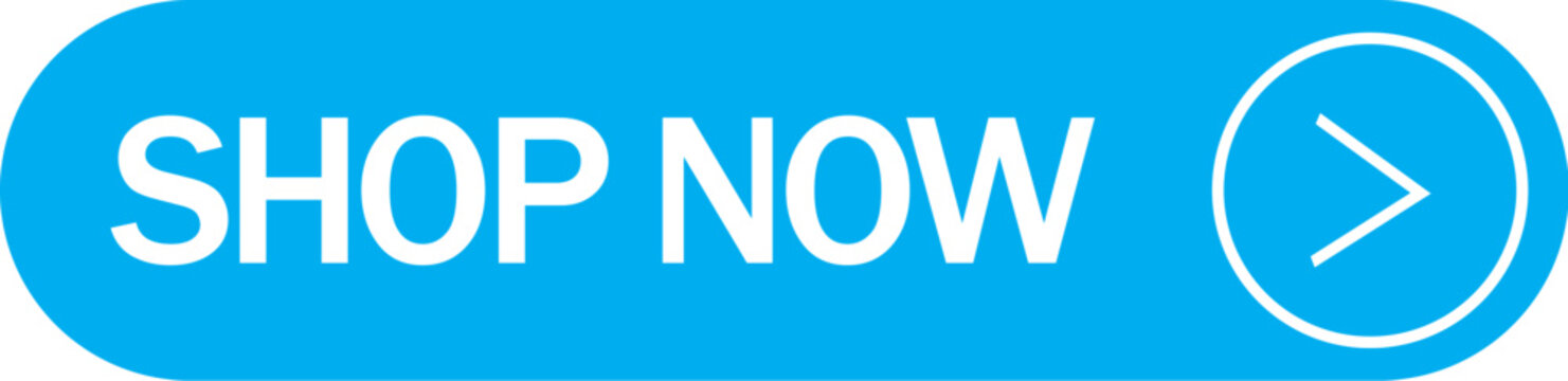 Blue shop now button vector with white chevron icon and bold left-aligned text design