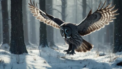 Grey owl in flight over snowy forest