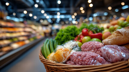 Close-up of shopping basket filled with fresh groceries, raw meat packages, colorful fruits, green vegetables, and crusty bread, supermarket shelves softly blurred in background, e