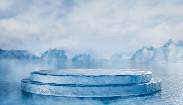 Minimalist ice podium on frozen water . Background for product mockup
