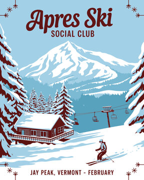 Apres Ski, vintage winter mountain ski resort social club poster illustration