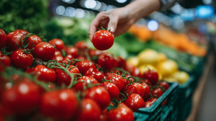 Detailed close-up of hand selecting a tomato from produce stand, glossy tomatoes in foreground, colorful apples and oranges softly blurred behind, fresh vegetables and healthy life