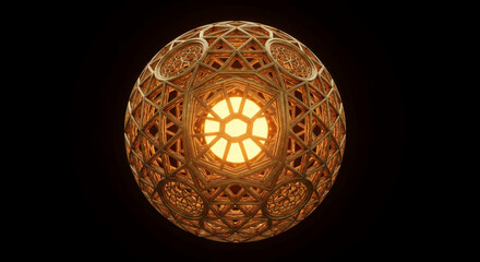 Sphere with geometric, golden frame, glowing at the center, representing complex design, architecture, or science, isolated on black background
