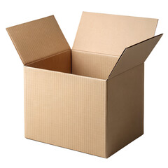 Open cardboard box with flaps raised showing empty interior isolated on a transparent background open box