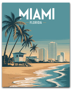 Miami, florida beach skyline illustration with palm trees lifeguard tower ocean waves and vintage travel poster