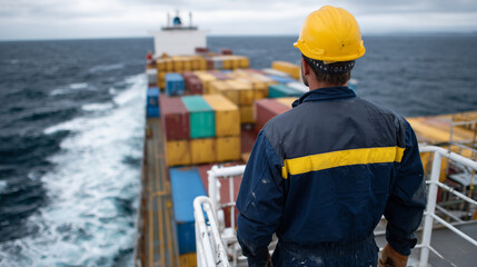 Back view of man in workwear walking across cargo ship deck, long perspective lines of containers and railings, calm sea and sky ahead, industrial shipping and global trade visual