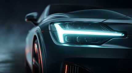 A car with its headlights on and a dark background