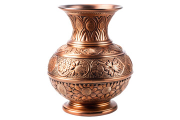 Ornate copper vase with intricate floral engravings and a flared isolated on a transparent background
