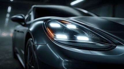 Fototapeta premium A car with its headlights on is shown in a dark room