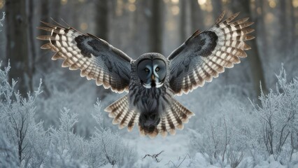 Grey owl in flight over a snowy forest