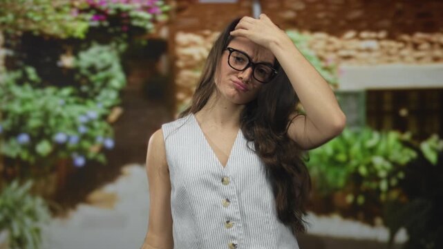 Young hispanic woman wearing glasses points finger upward at home entrance in outdoor courtyard; excitement.