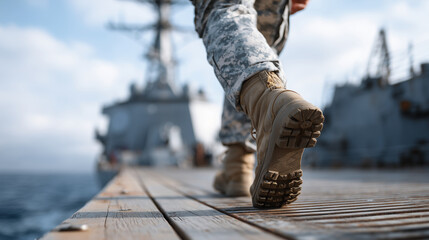 Close-up rear perspective of military boots stepping along steel deck plates, uniformed figure walking forward, ship structures and ocean softly blurred, naval duty and service vis