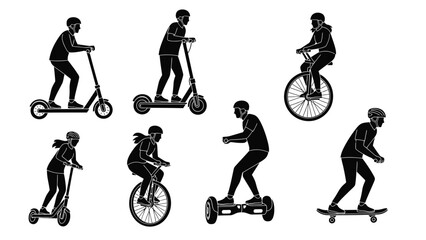 Variety of personal mobility devices scooters unicycles and skateboards shown © Momtaj