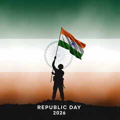 Indian republic day 2024 celebrations with soldier holding national flag