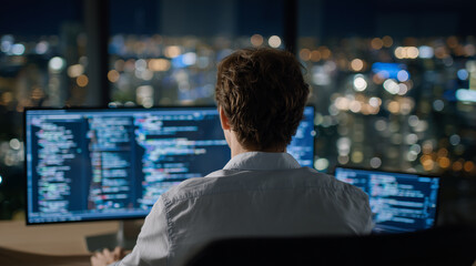 Detailed close-up of computer screen filled with hyper-realistic AI code, developer seated in front, bright office lighting, innovation, machine learning, and coding concept