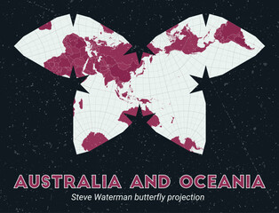 Australia and Oceania. World map. Steve Waterman butterfly projection centered to Australia and Oceania. Pale Mint Dark Pink palette. Vintage texture. Authentic vector illustration.
