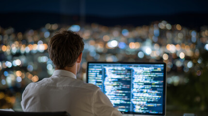 Rear view of programmer working late in bright office, clean light-balanced environment, ultra-realistic code lines filling the screen, software development and AI research concept