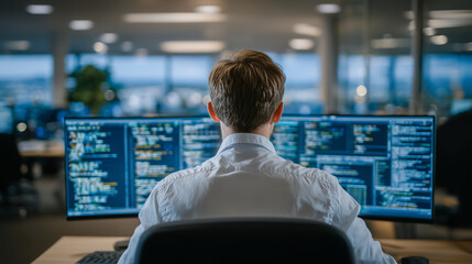 Over-the-shoulder view of AI engineer reviewing detailed code on monitor, bright professional office setting, clean tech aesthetic, artificial intelligence workflow