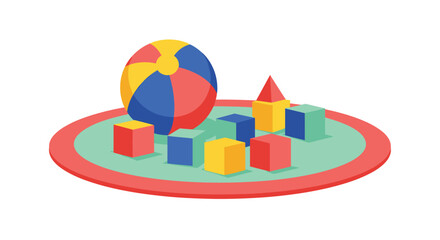 Obraz premium Colorful children toys including a beach ball and building blocks arranged on a green round play rug in a nursery room.