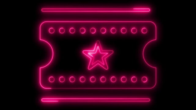 Glowing neon ticket with a star icon animation on a black background, entertainment, event, cinema, or lottery ticket