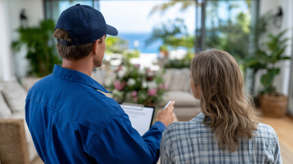 Over-the-shoulder view from behind repairman as couple points out repair details, airy home interior, natural light and calm atmosphere, residential service interaction