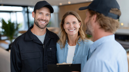 Close-up of smiling couple and repairman standing in modern living room, discussion of repair scope, bright interior design, professional home maintenance visual