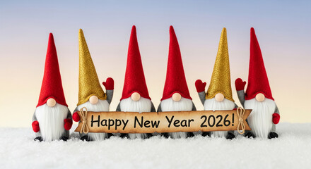 Six gnome figures with red and gold conical hats, holding "Happy New Year 2026!" sign, represent festive celebration, welcoming upcoming year