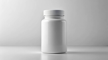 White mockup pharmaceutical bottle angled view, blank label area, controlled lighting realism.