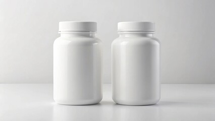 White mockup supplement bottle duo, identical shapes, blank surfaces, branding comparison