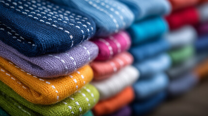 Macro-style close-up of stacked socks in multiple bright colors, fine fabric weave and stitching in sharp focus, clean background composition for apparel product advertising