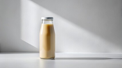 White mockup juice bottle minimal style, blank wrap label, soft studio shadows.