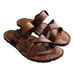 A pair of brown leather sandals on a black background