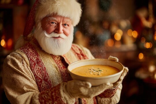 Elderly man dressed as Santa Claus, holding bowl of Sopa de Galets, warm smile, festive bokeh background. Concept of holiday warmth, Andorran soup, traditional pasta shells.