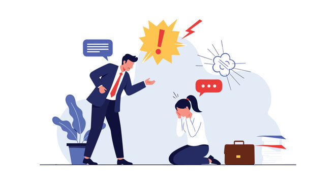 Angry male boss yelling at a stressed female employee who is kneeling and crying in a toxic office work environment.