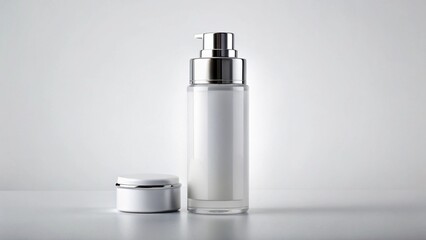 White mockup cosmetic glass bottle with cap off, blank body, technical product view.