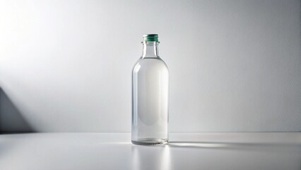 White mockup glass bottle minimal style, blank surface, controlled shadows, premium packaging look.